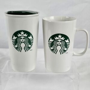 Starbucks 2014 12oz Travel Mug and a 16oz Home Mug White Green Siren Logo 2 Set